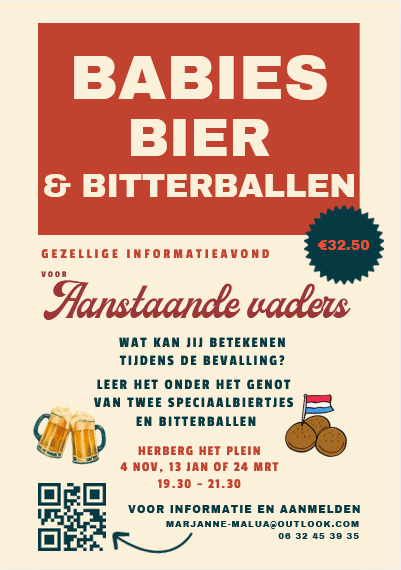 Flyer Babies, Bier en Bitterballen: informatieavond voor aanstaande vaders in Herberg het Plein in Meppel